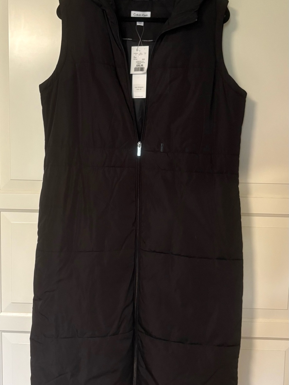 Brand New Calvin Klein Black Long Quilted Hooded Vest